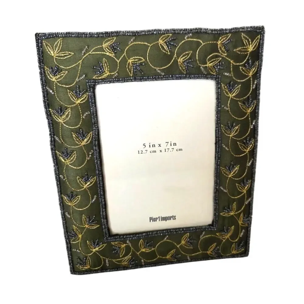 Pier 1 Imports Green Picture Frame Satin Beaded  Embroidered 5x7